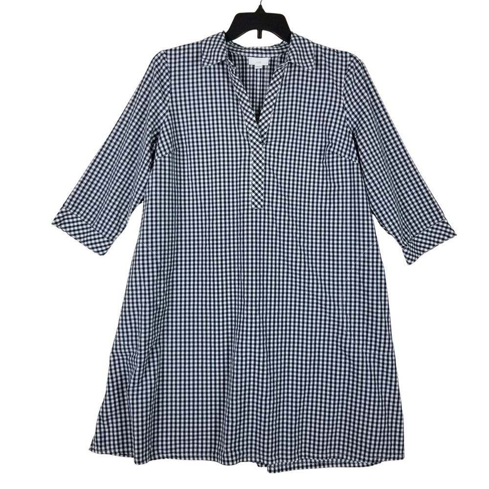 J. Jill Tunic Women Large Petite Navy Gingham Cotton Modal 3/4 Sleeve Pockets